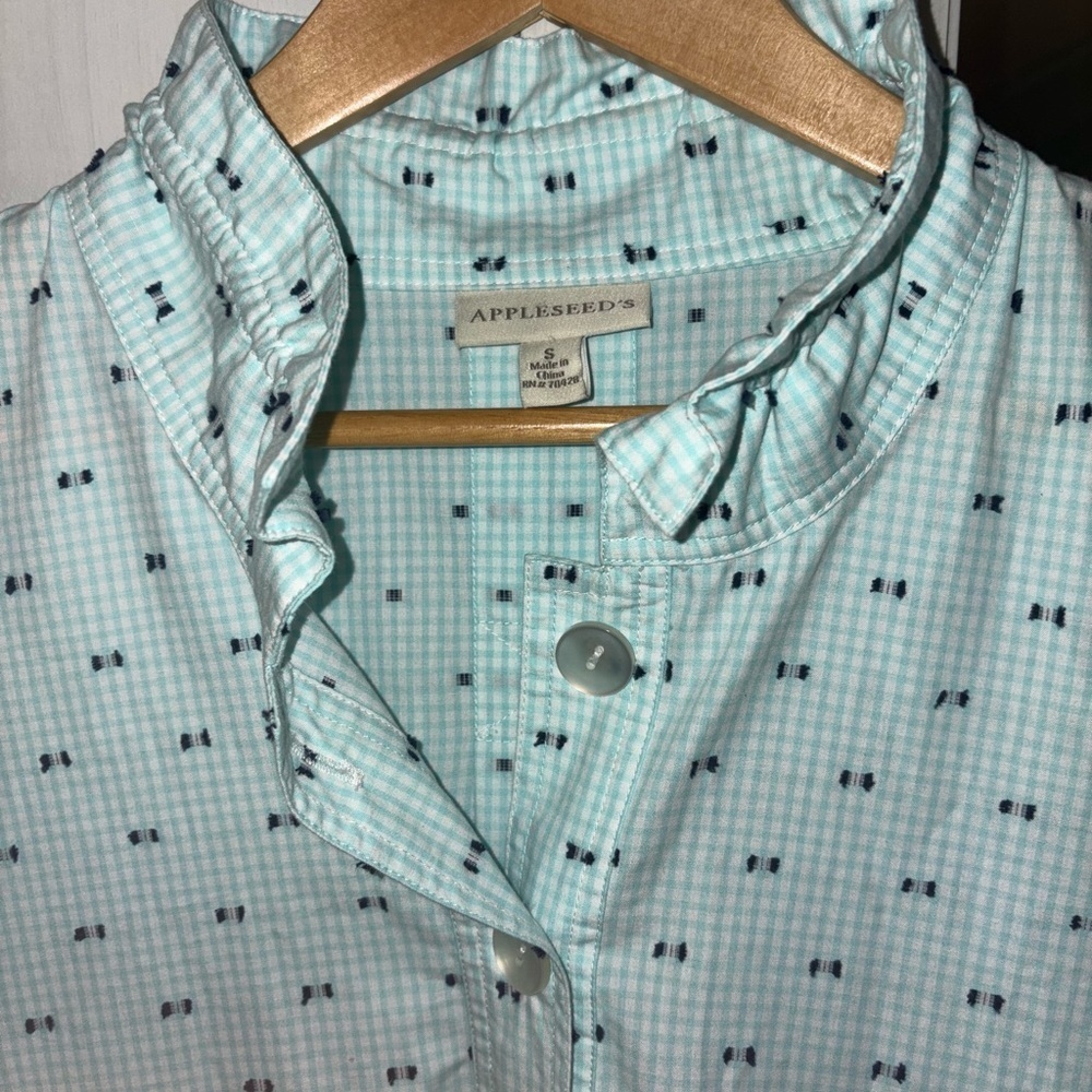 Seersucker Tunic Teal White with navy polka dot Ruffle Collar - Picture 4 of 6